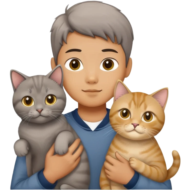 Chinese boy holding a grey shorthair cat and a British longhair golden cat emoji