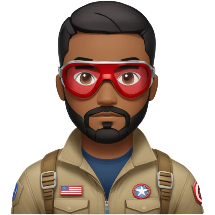 sam wilson have a short, neatly cropped black hair. It is evenly trimmed and close to the scalp, maintaining a clean and military-inspired and  a well-groomed beard that connects to his mustache,  wear sleek, red-tinted tactical goggles fit snugly from captain america: civil war emoji