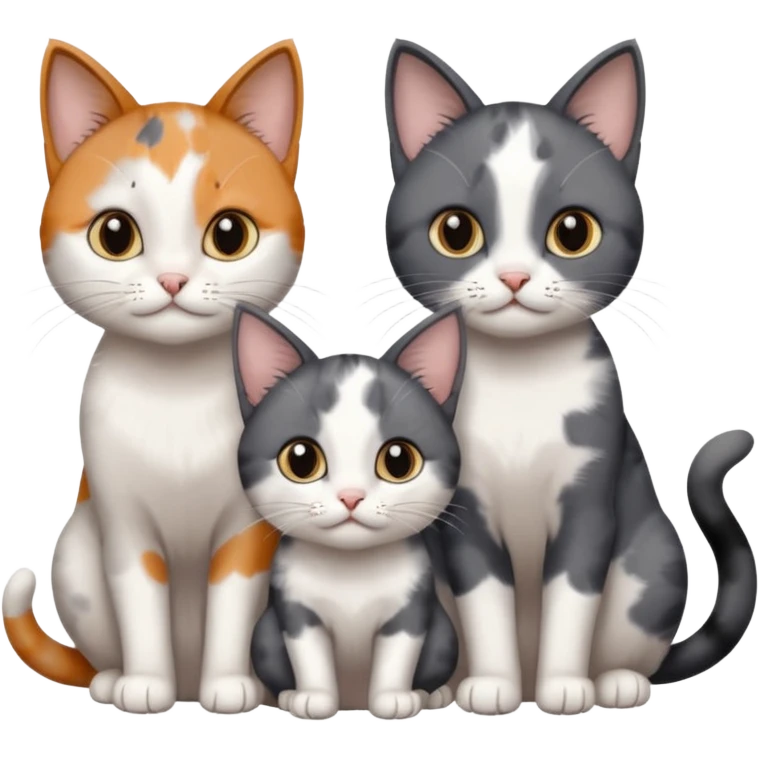3 different coloured small cats including a dark grey and white, and a patchy calico and a completely solid dark grey with only white paws emoji