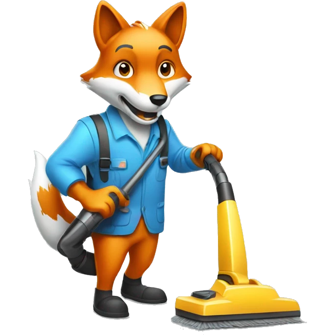 a fox from a cleaning company with a vacuum cleaner in his hands emoji