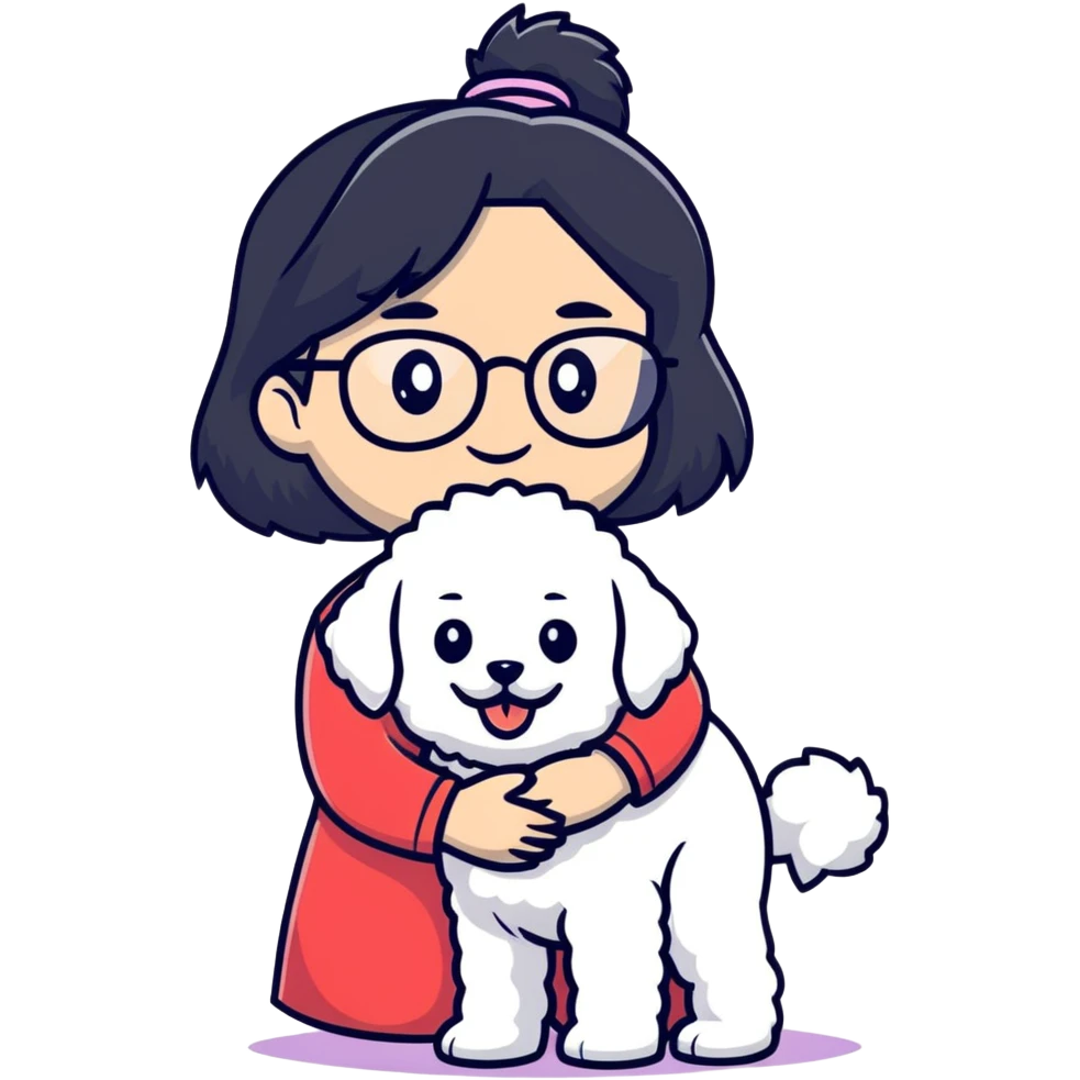 Girl with long black hair and glasses holding a white Bichon Frise dog emoji