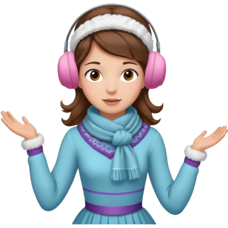 Victorian ice skater in a long dress. She is wearimg a scarf and earmuffs. She has brown hair. emoji