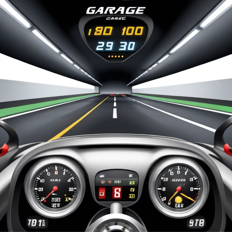 An icon showing a racing game interface, inspired by Grand Turismo. The design features a garage with a selection of high-performance cars, along with race track visuals in the background. Speedometer, lap timer, and other HUD elements add to the excitement. Transparent background emoji