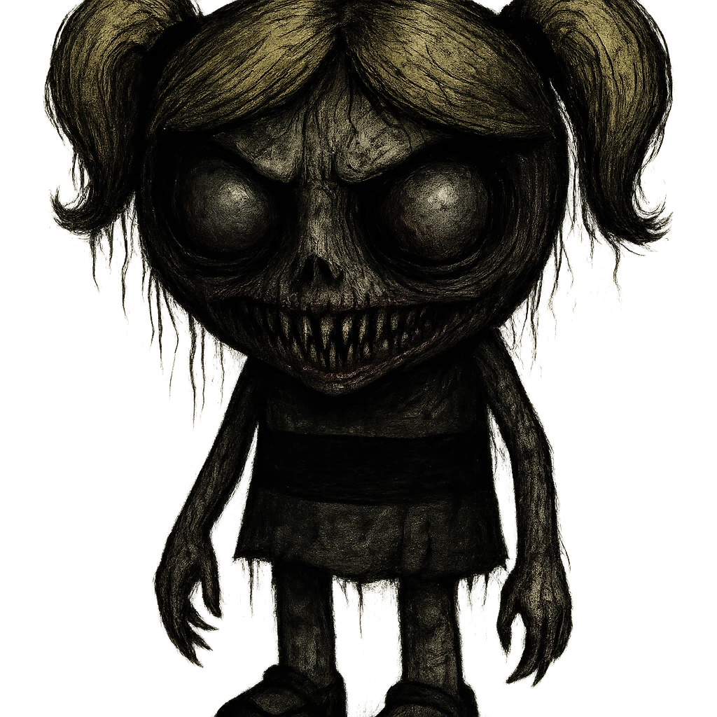 Bubbles from Powerpuff Girls, reimagined in a scary, horror-inspired style, with unsettling features and a creepy vibe, dark and eerie atmosphere emoji