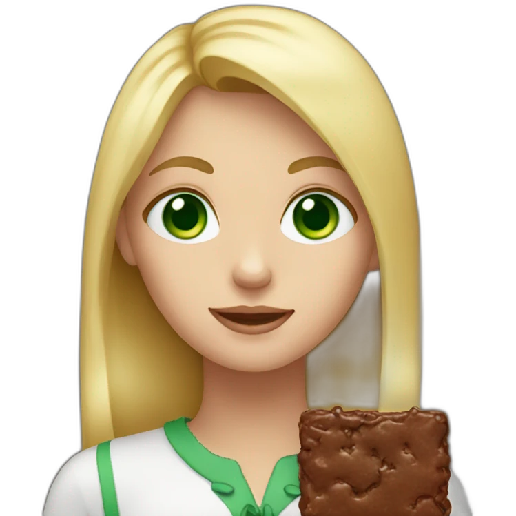 Blonde girl, green eyes holding a brownie emoji