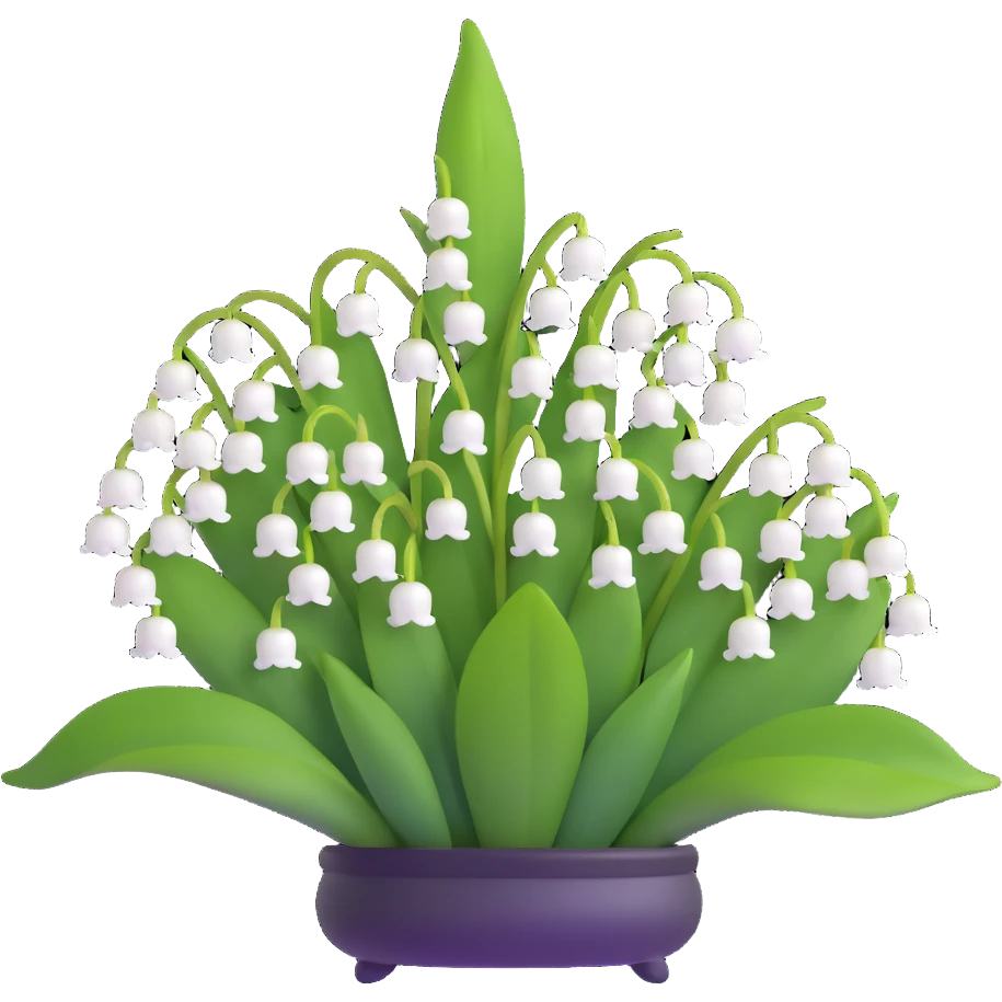 Realistic lily of the valley with correct leaf structure - large elliptical leaves from base, with center flower stem bearing small white bell flowers hanging in a row emoji