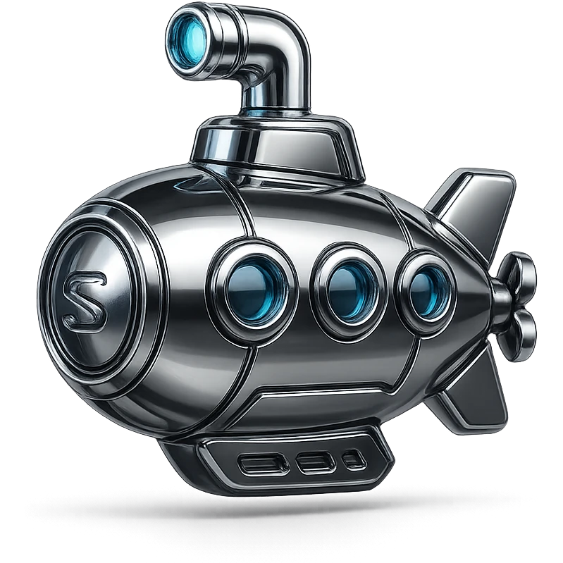 A submarine icon in a futuristic style, with a silver metallic body, glowing blue accents, and a high-tech periscope on top. emoji