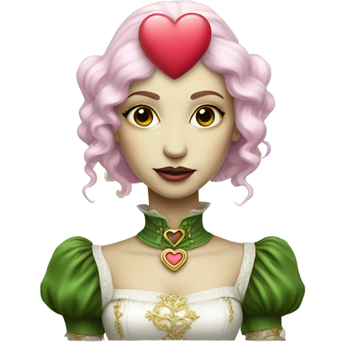a green amazon alien woman in Victorian white gold, pink hair full body,holdig red big hearth emoji