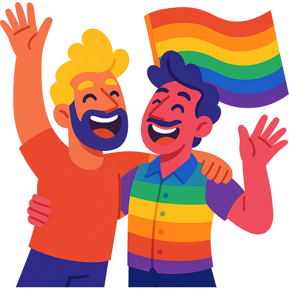 two very flamboyant, affectionate men, vibrant colors, expressive, joyful, celebrating LGBTQ+ pride emoji