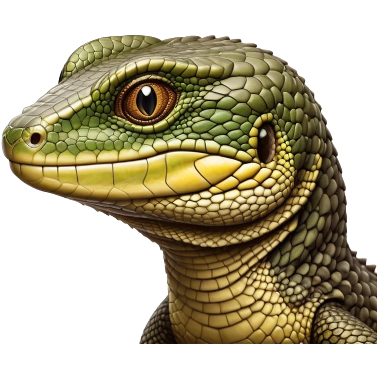 Cinematic Realistic Noble Monitor Lizard Portrait Emoji, Poised and imposing, with a robust, muscular build and a rugged, intricately scaled hide in natural olive and dark brown tones, a sharply defined head with intense, observant eyes, rendered with lifelike detail and authentic texture, high shine, intelligent and formidable, styled with an air of desert authority, focused and attentive, soft glowing outline, capturing the essence of a watchful and confident monitor lizard that appears ready to stride out of the screen with effortless power! emoji