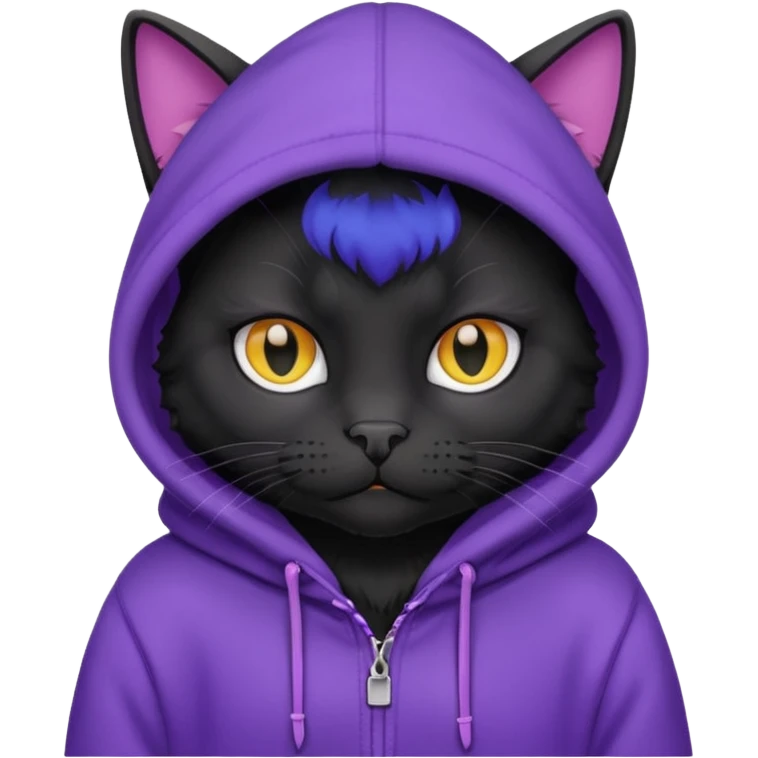 Black cat wearing a violet hoodie emoji