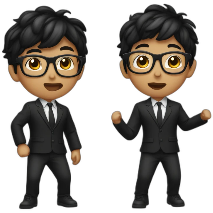 short black hair kid with black blazer and glasses doing the floss dance emoji