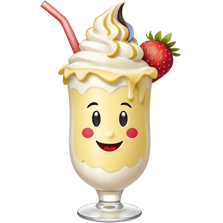 Milkshake vanilla with a banana sticking out of the milk shake it and two strawberries on both sides of the banana at the very tip of the banana, whipped cream and a smiley face emoji