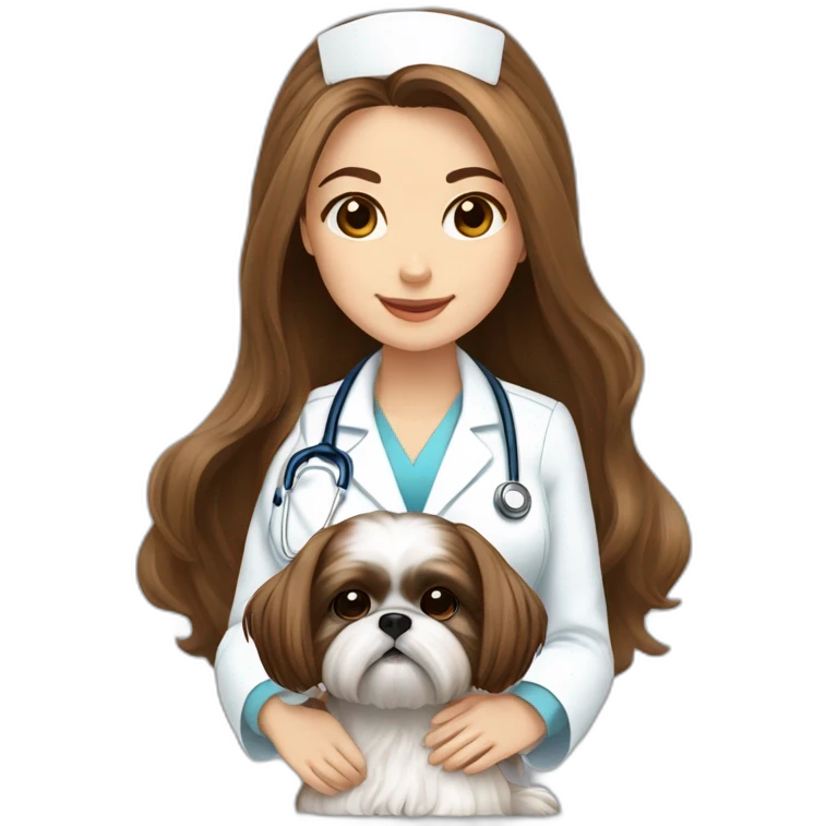 a girl nurse in long brown hair sits with a white and brown shih tzu emoji