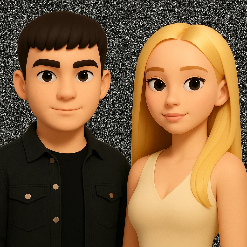 Slightly increase the volume of the upper body of the girl, spread them far apart from each other, make the skin color the same for both characters, while preserving the cartoonish 3D style as in the reference image. emoji