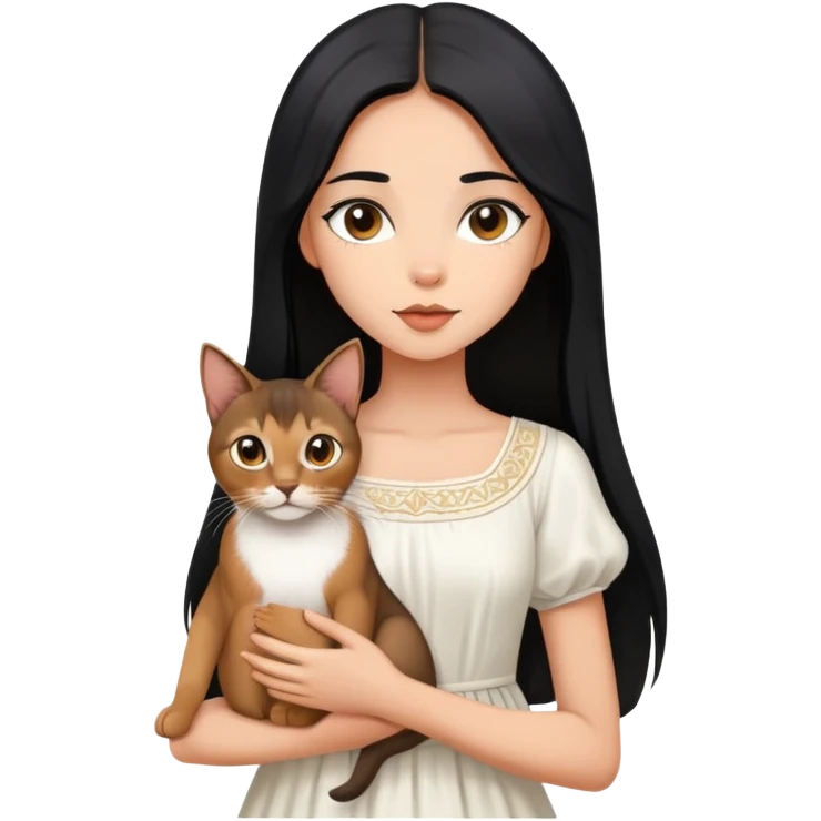 A beautiful girl with long black hair wearing a white dress holds an Abyssinian cat in her arms emoji