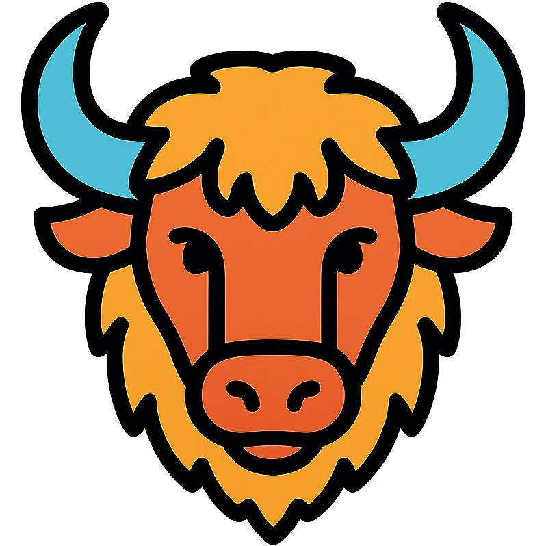 stylized bison head icon, large horns, curved snout, shaggy mane, modern icon style emoji
