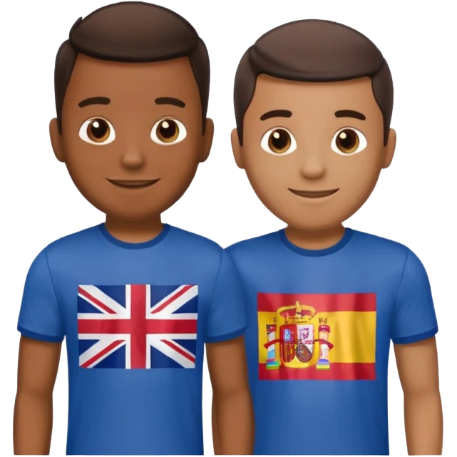 2 male Best buds , one in showing Philipine flag tshirt, one is Spain, in UK flag background emoji