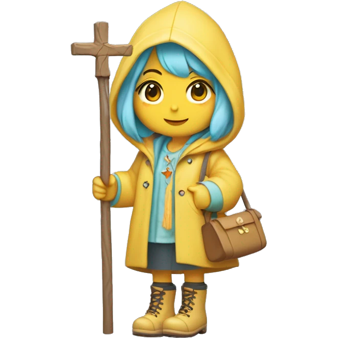 Cute little girl with light blue hair with peach skin, with yellow raincoat hooded with boots holding a wooden staff, with a cross necklace, Sanrio design emoji