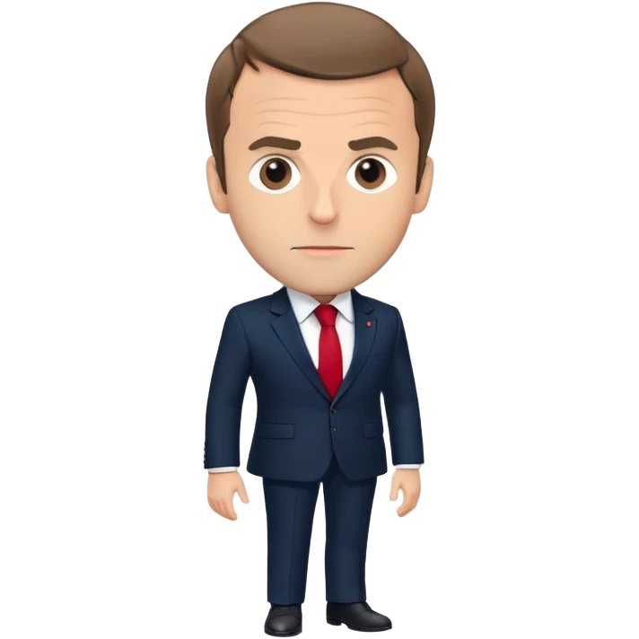 figure of Emmanuel Macron with an oversized head and small body, standing, wearing a dark navy suit and red tie, highly recognizable face, simplified details emoji