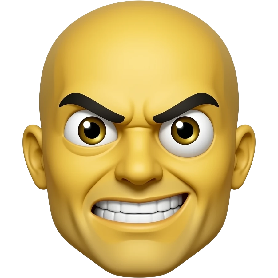 Yellow emoji with with crazy eyes one small on big with the expression of an angry person but still smiling but going insane emoji