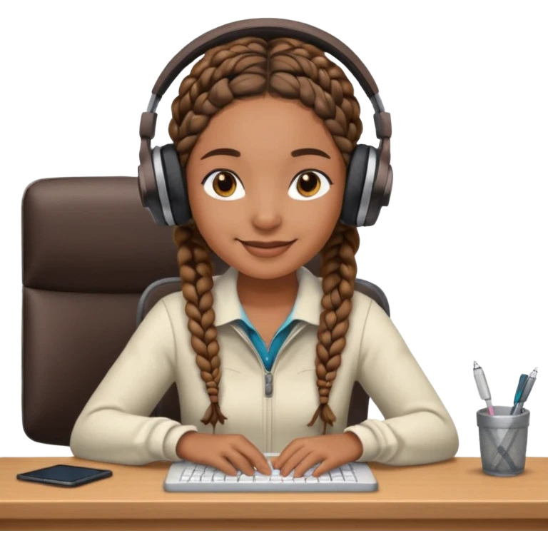 realistic brown skinned female with braids sitting at a desk with headphones on emoji