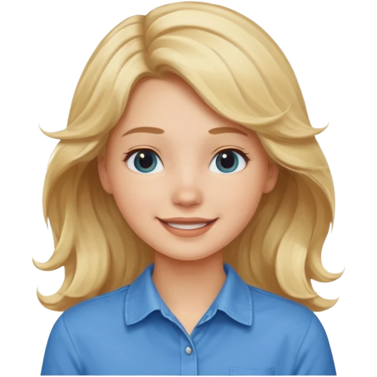 Happy blond girl with light weavy hair with a blue shirt but we can see only her face and neck and the top of the t shirt, no whole body emoji