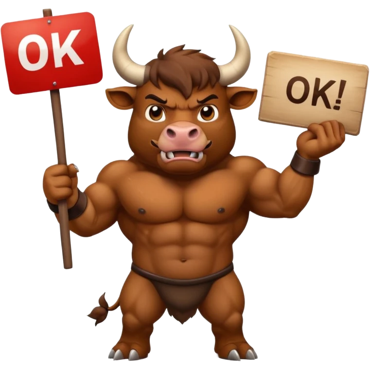Angry powerful bull emoji holding a sign with the words OK in front of it emoji