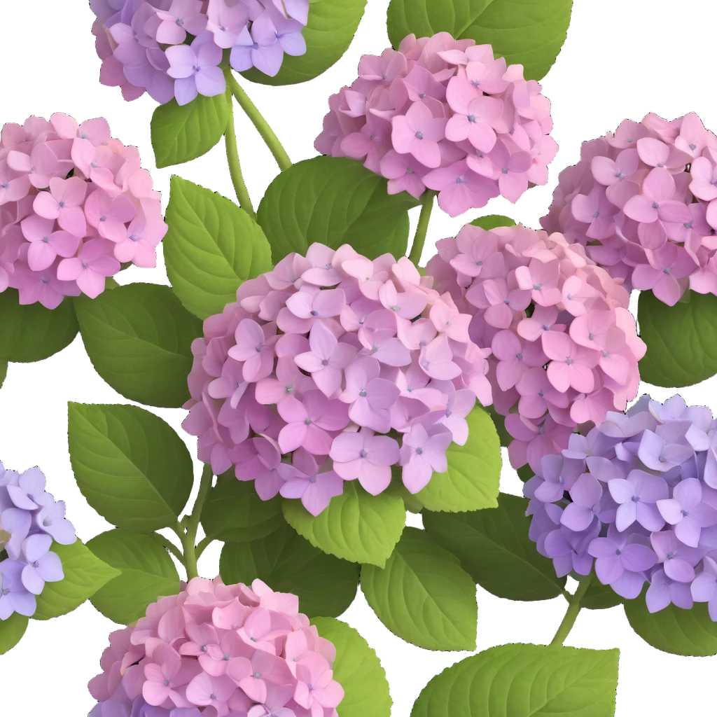 Highly detailed realistic hydrangea flower showing natural texture of many small flowers in a cluster, subtle color variations, and authentic leaf structure emoji