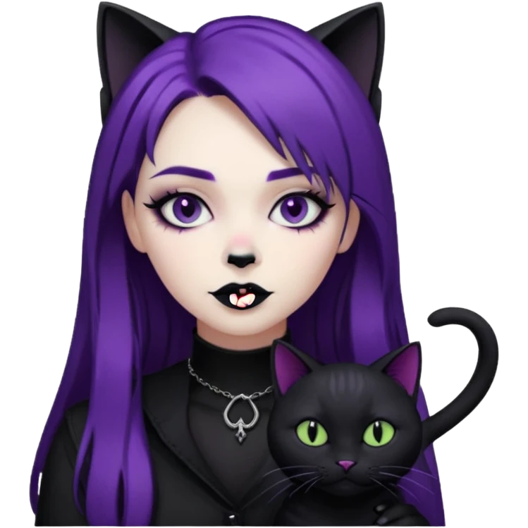 Goth purple woman with black cat. Animated emoji