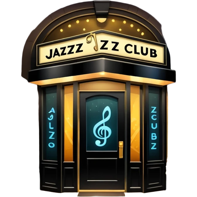jazz club entrance at night with glowing sign and music notes emoji