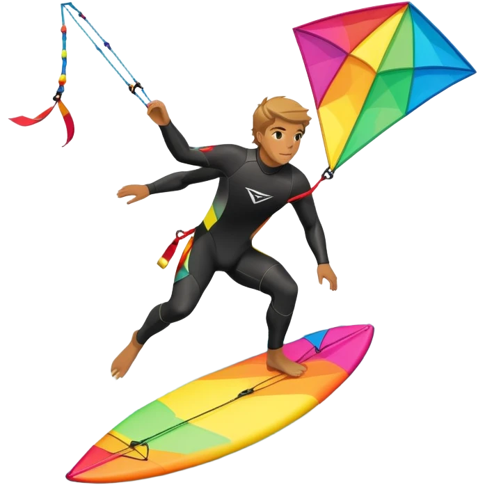 A kite surfer gliding across the ocean, with a colorful kite soaring high in the sky and the surfer carving through the waves. The scene captures the energy and freedom of the sport, with the sun shining and the ocean's waves splashing around. emoji
