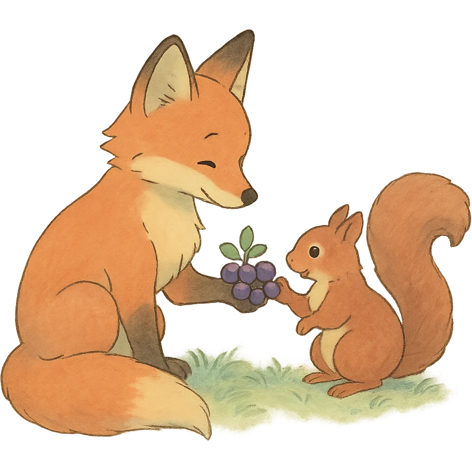 fox and squirrel sharing berries, forest friendship scene, soft pastel colors, ghibli style emoji