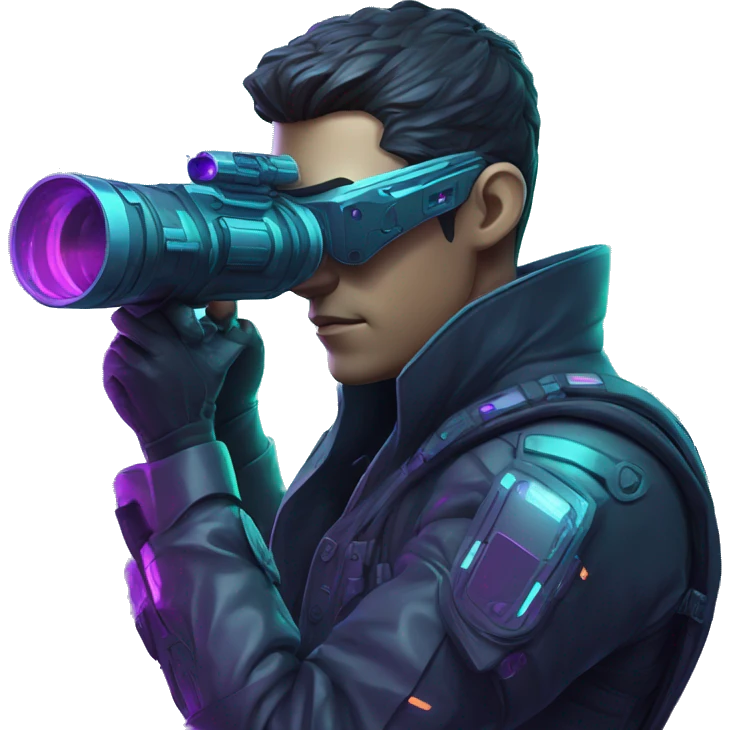 Secret human agent with  cyberpunk elements with a spyglass scanning looking reviewing multicolor lines of code, cyan and purple colors, only upper body portrait emoji
