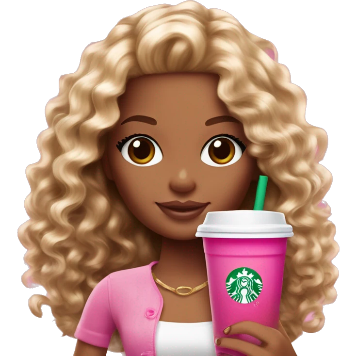 Barbie girl with brown and blonde ombré long curly hair holding Pink starbucks refresher emoji
