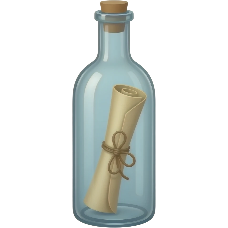 A tall, thin glass bottle containing a rolled-up message on an old piece of paper, positioned so that the message is located exactly in the center of the bottle. emoji