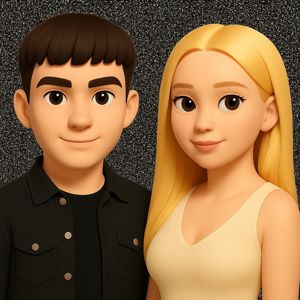 Slightly increase the volume of the upper body of the girl, separate the girl and the boy from each other, and make the skin color the same for both characters. Maintain the cartoonish 3D style as in the reference image. emoji