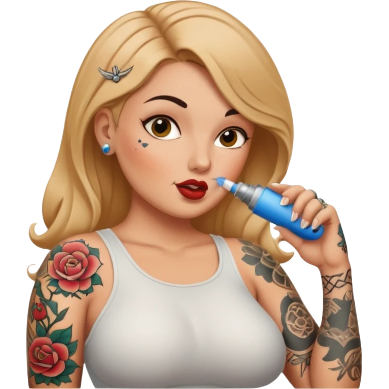 A naked white curvy woman with tattoos who is slim and is giving a blowjob or having sexual activities with a man’s penis she is naked both are naked and she is giving him a blow job emoji