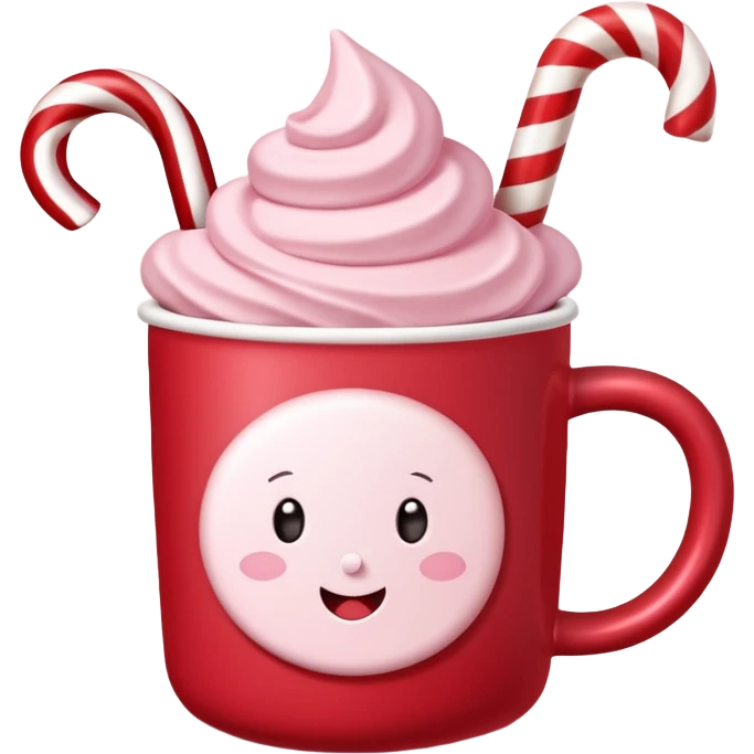 hot chocolete with pastel pink marshmallows in red christmas mug with stars and candy cane, trendy aesthetic emoji
