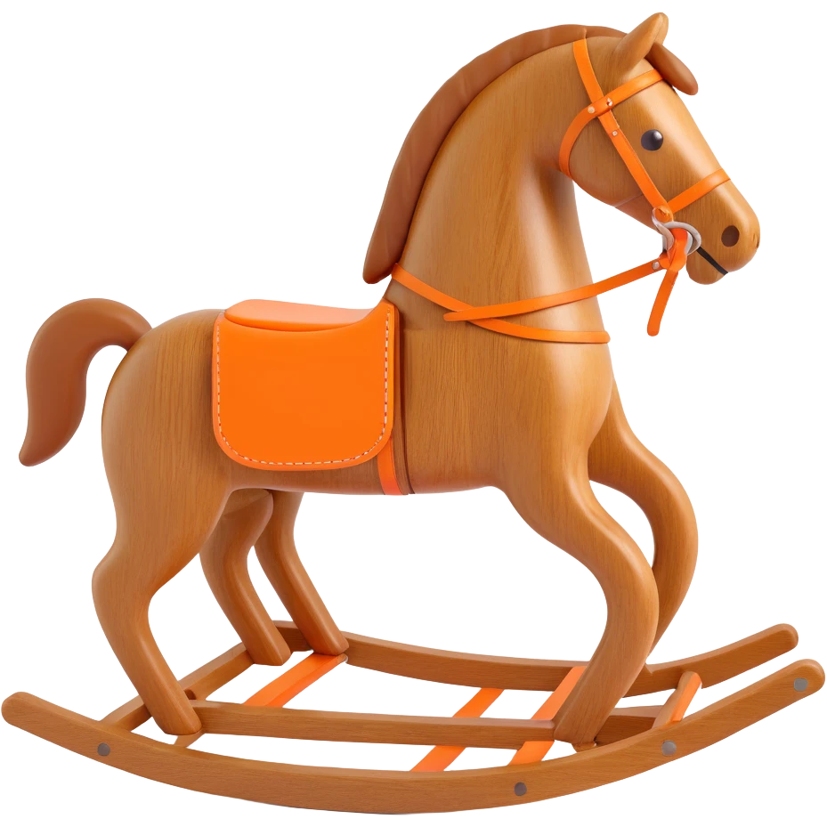 rocking horse, 3D, solid oak wood, vintage style, minimal Hermès orange accent, no text emoji