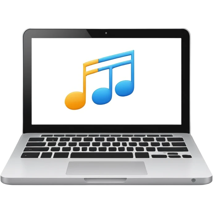 laptop screen showing a play button and notes emoji