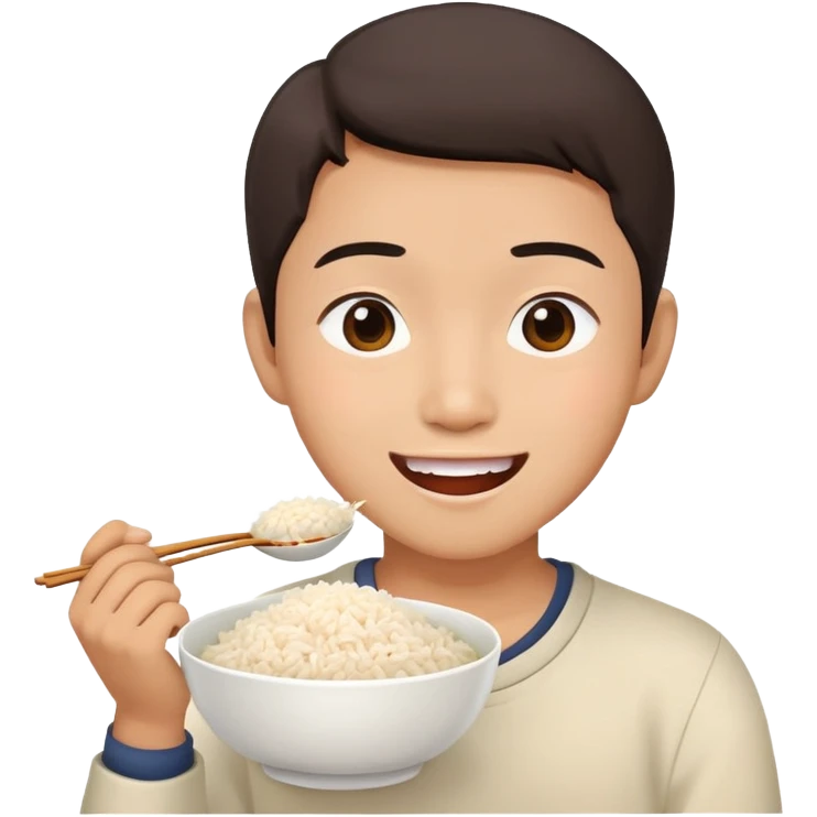 Asian person eating a bowl of rice happy expression emoji