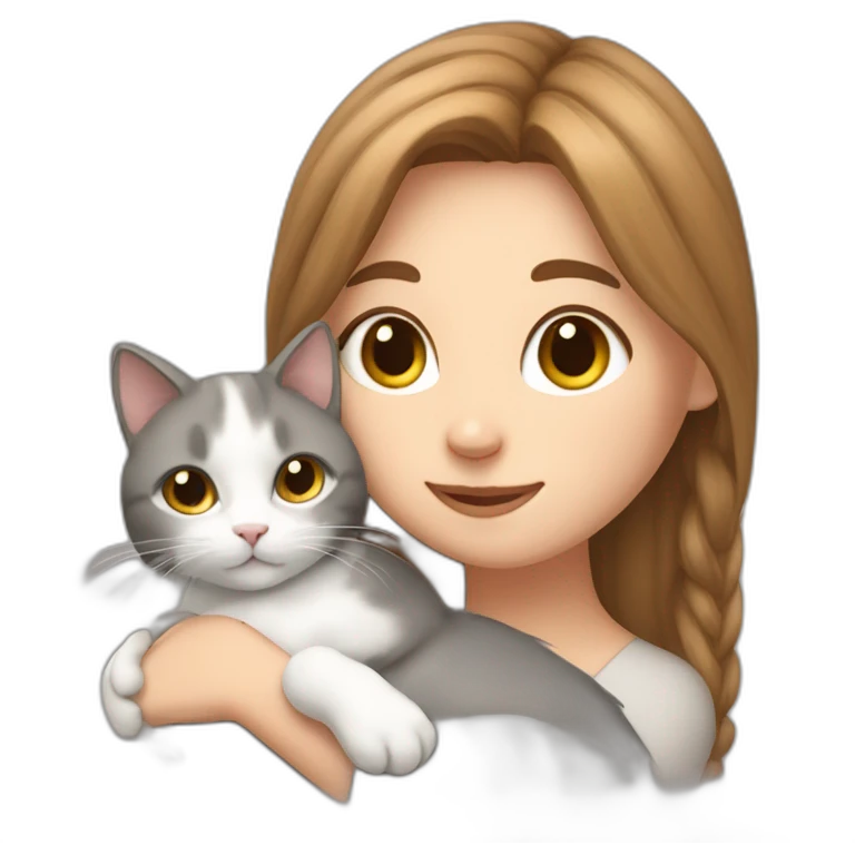 White grey cat cuddling brown hair girl emoji