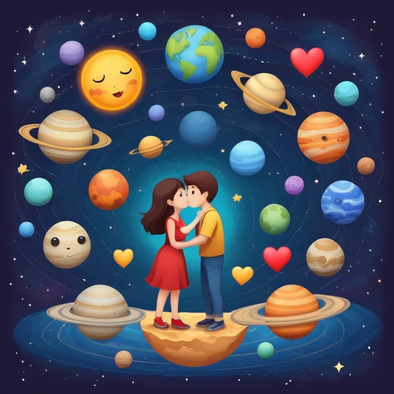 Solar system with heart-shaped planets and couples kissing, cute characters embracing on different planets, colorful cosmic scene emoji