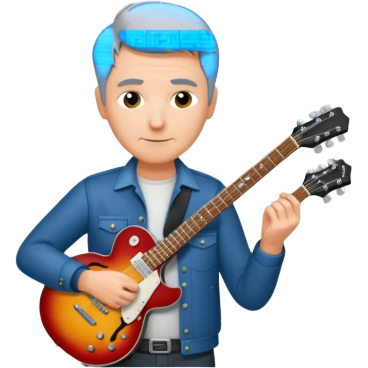 a short grey hair, middle age metal head with a classic epiphone eletric guitar emoji