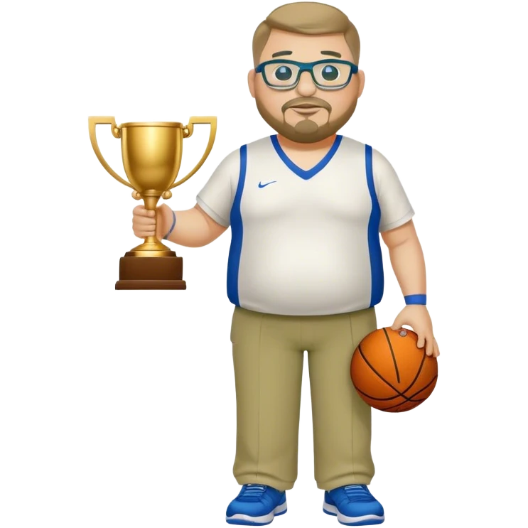 full body white obese male basketball coach with trophy. Goatee , Wearing glasses and blue and green polio and khaki pants emoji
