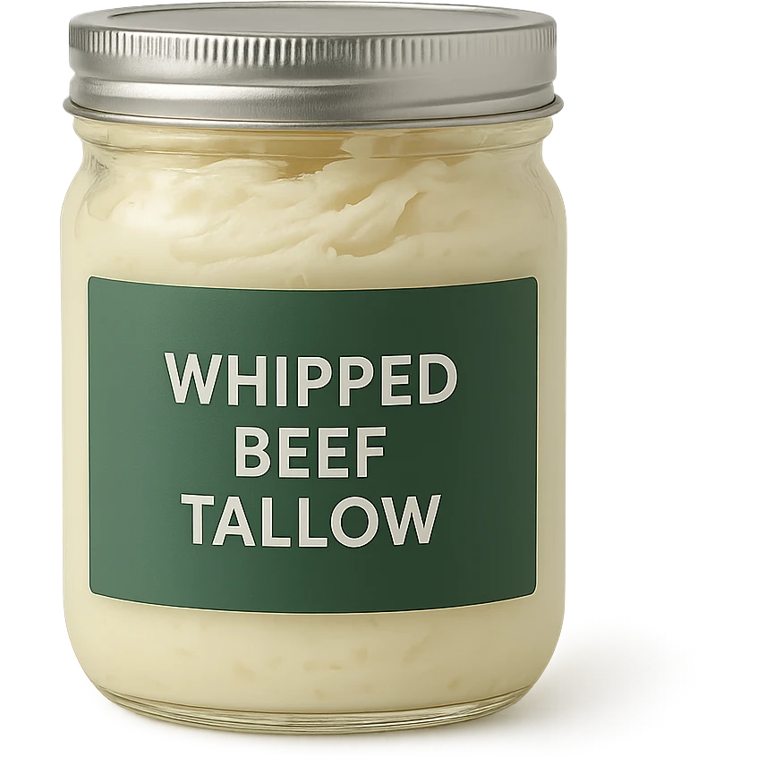 jar of whipped beef tallow with a green label, clear glass, creamy texture, minimalistic design, clean background emoji