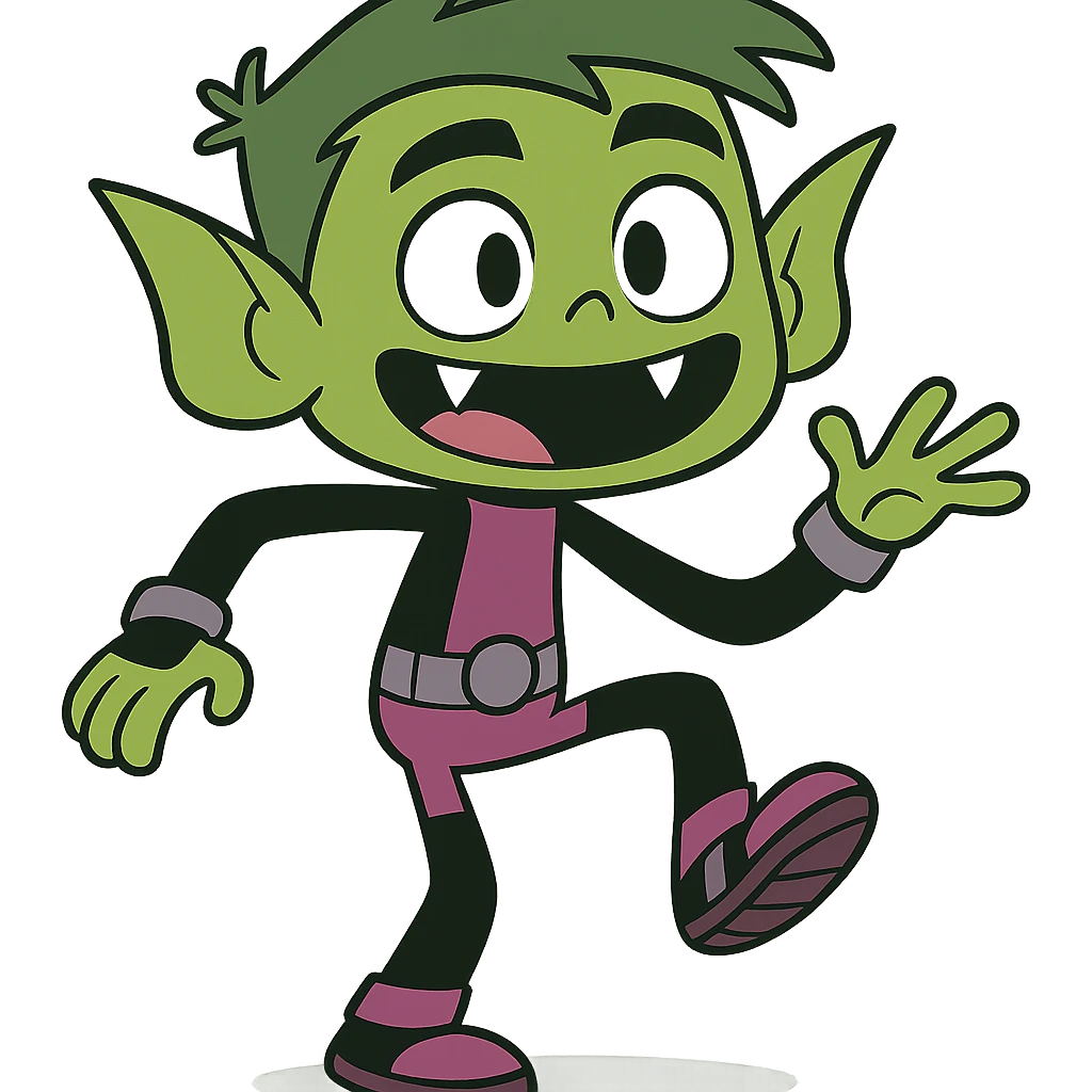 Beast Boy from Teen Titans Go, cartoon style, green skin, playful pose, purple and black suit, fangs showing emoji