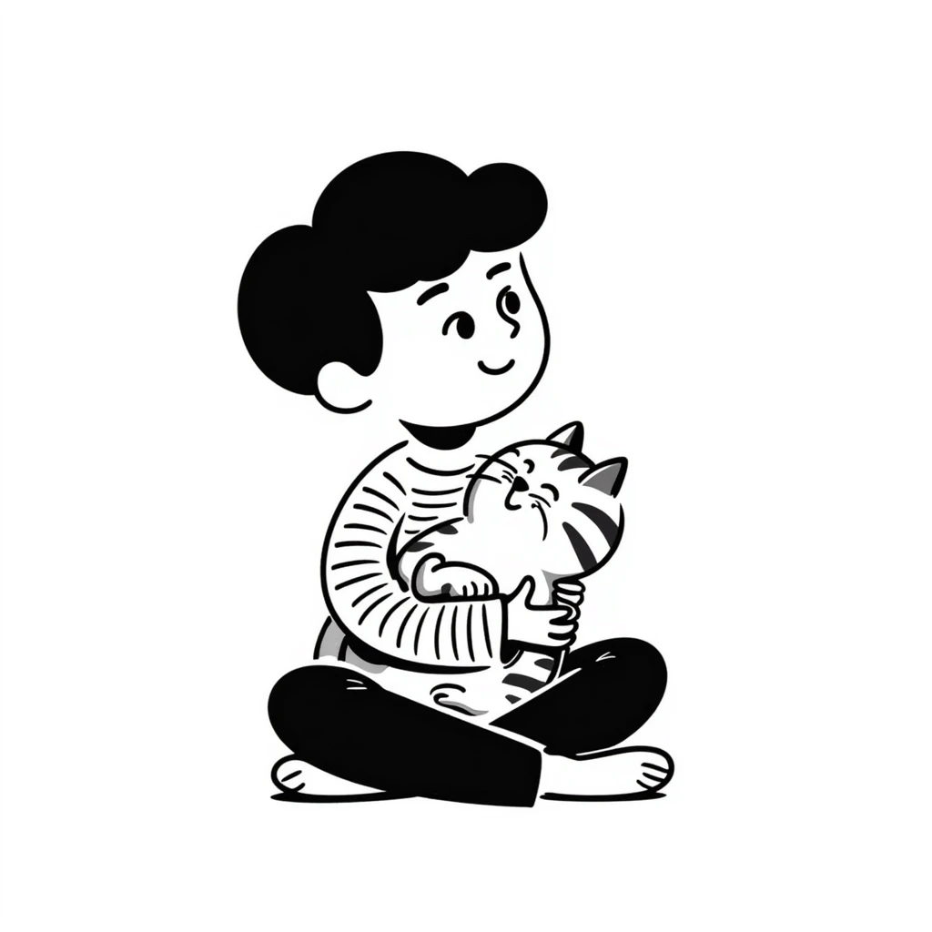 A boy sitting cross-legged with a tabby cat in his lap emoji