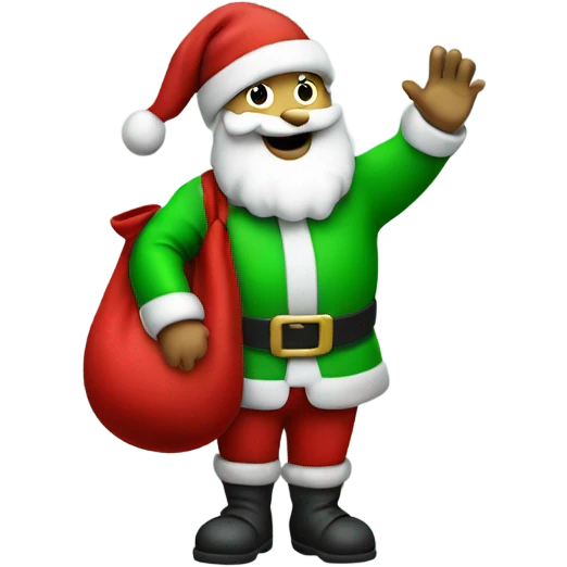 Santa Claus in a green suit and hat waving with his left hand holding a red sack over his right shoulder emoji